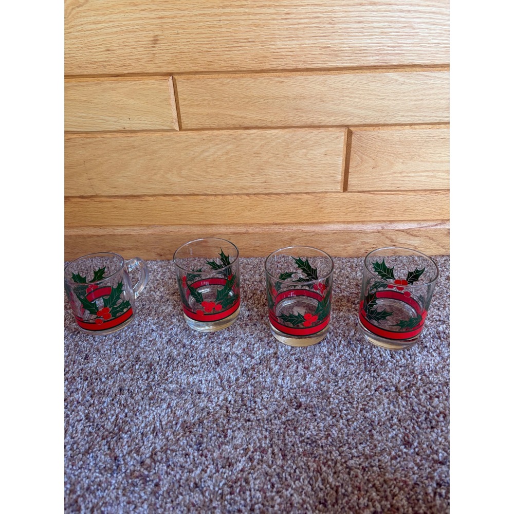 Vintage Christmas Holly Berry Glassware Set of 4 Tumblers and Punch Mug Holiday